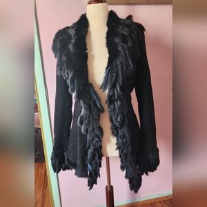 Elegant Black Sued With rabbit  Collar And Cuff Jacket.